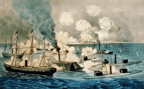 A Civil War naval battle. On the left side are three warships flying United States flags. On the right are several smaller gunships without flags, including some that appear to be early examples of small submarines. Almost all the ships are firing weapons, and their smoke is rising in the air.
Description/title: Great naval victory in Mobile Bay, Aug. 5th 1864. Artist unidentified. Publisher: Currier & Ives. Source: Library of Congress Print and Photographs Division. Public domain via Wikimedia Commons.